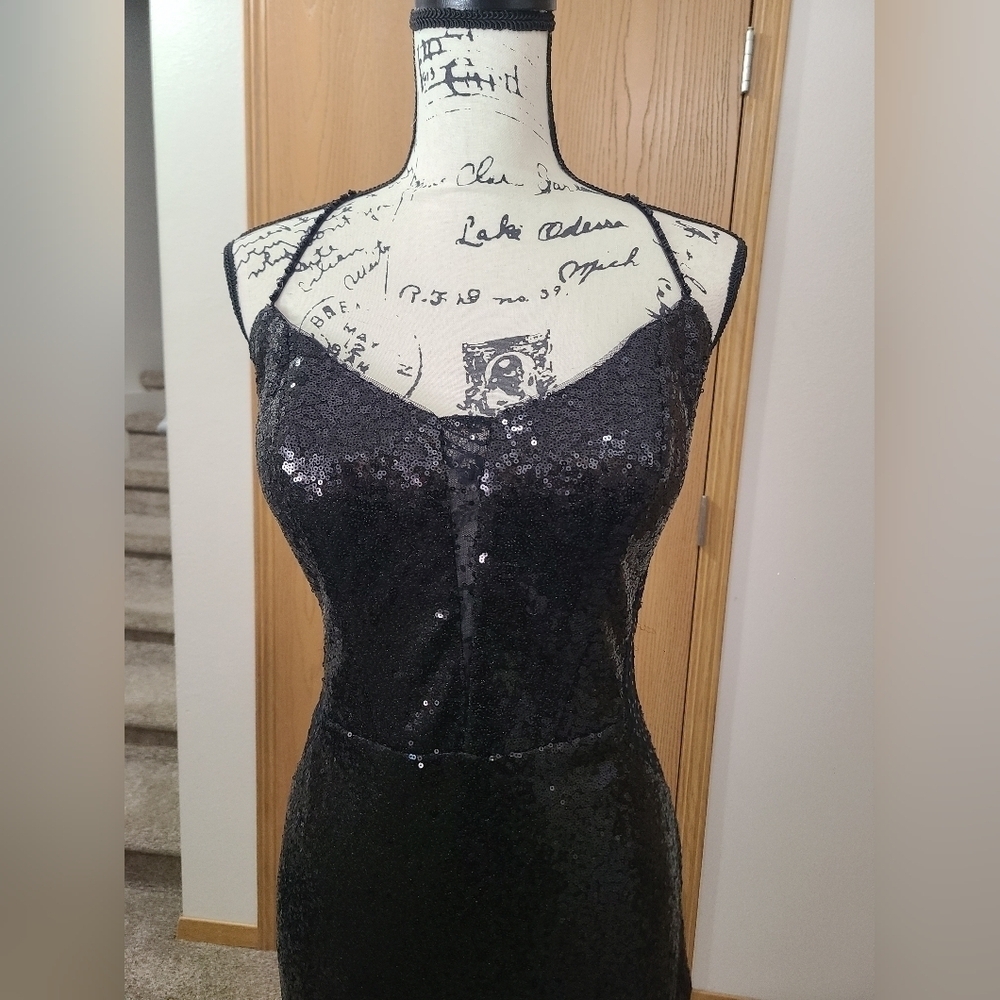 Morilee 48023 sequin sheer lace high slit beaded strap prom formal pageant dress - Picture 3 of 10